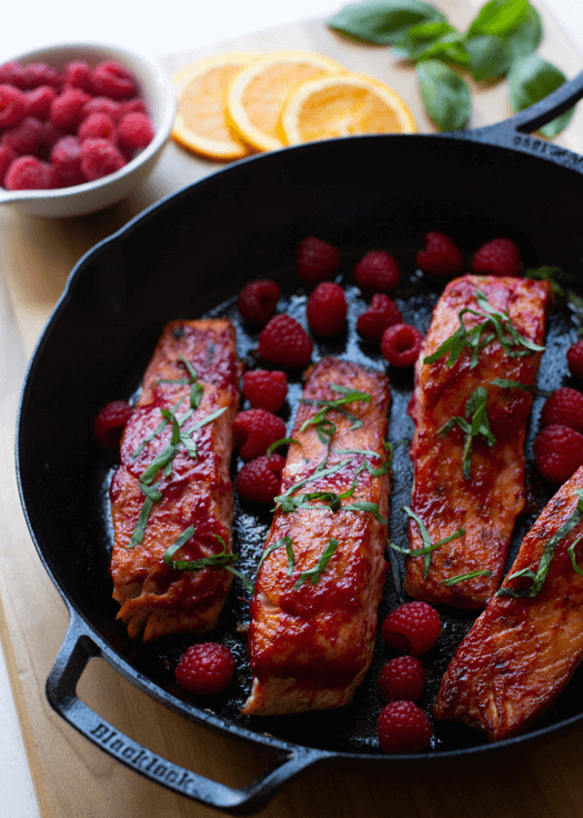 Pan-seared Salmon with Raspberry Basil Sauce